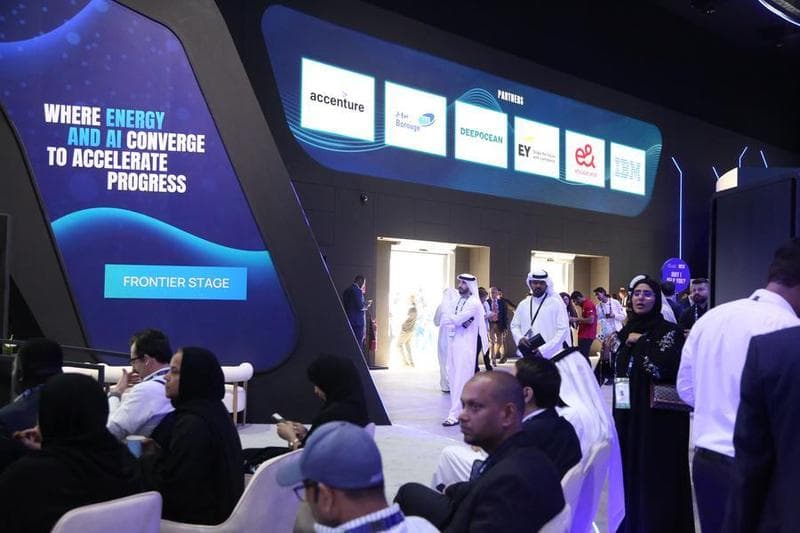 This photo taken on Nov. 3, 2025 shows an exhibition area of the 41st Abu Dhabi International Petroleum Exhibition and Conference (ADIPEC) in Abu Dhabi, the United Arab Emirates. (Xinhua/Wen Xinnian)