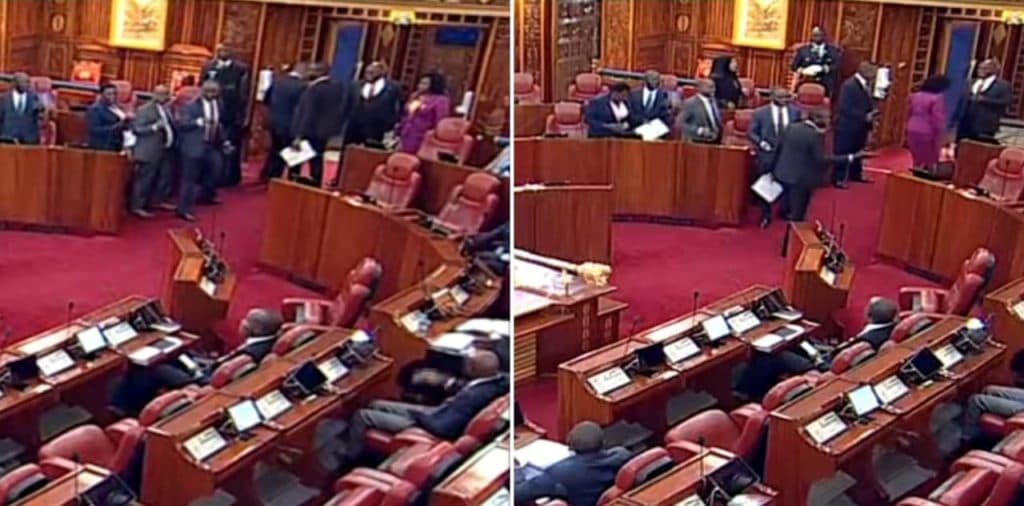 A section of opposition senators stage walkout protesting CS Kuria’s presence in the house